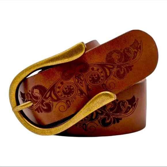 Timberland Accessories - Women’s‎ Timberland Brown Western 35mm Laser Etched Leather Belt Size Medium